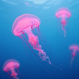 beautiful underwater scene of vibrant pink neon glowing jellyfish swimming in the ocean with light blue at the top, lighter blue in the middle and light blue at the bottom, highly detailed, moody, dynamic focus, rich colors, artstation, sharp focus, background full of fish and other sea creatures, seaweed,