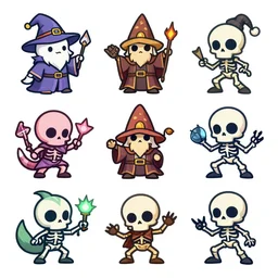 set of characters'sprites, containing a cute wizard and skeleton enemies of different magic types, colored lineart from