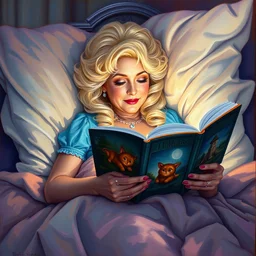 portrait of dolly parton reading a bedtime story in bed, an oil painting by ross tran and thomas kincade