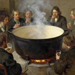 a huge dutch oven with people drinking in front of it, oil painting