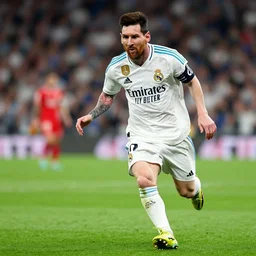 photograph of leonel messi playing for fc real madrid, football field, shallow depth of field, sharp focus, intricate details, 8 k octane render, cinematic, photojournalism