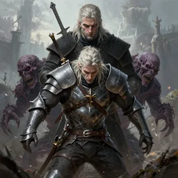 geralt the rivia after a fight with a ghoul, lot of wear on armor, corpse of the ghoul behind the witcher, symetrical, sharp details, highly detailed, digital painting, trending artstation, concept art, illustration, cinematic lighting, vibrant colors, photorealism, epic, octane render.