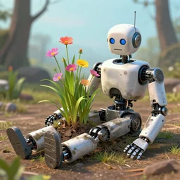 flowers growing on a dead robot