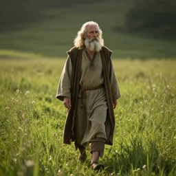 old prophet wandering about a meadow. volumetric lighting