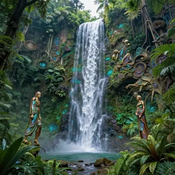 iridescent opalescent living landscape tropical forest, waterfall, : by michal karcz, daniel merriam, victo ngai and guillermo del toro : ornate, dynamic, particulate, intricate, elegant, highly detailed, centered, artstation, smooth, sharp focus, octane render
