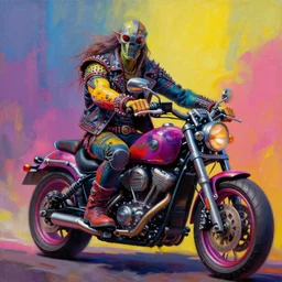 a medium shot of a scifi post apocalyptic orc biker, psychedelic vibrant colors, futuristic punk rock fashion, oil painting by michael whelan art, sharp focus, realistic, highly detailed, long hair, studded leather jacket, 8 k