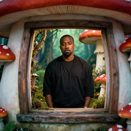 a portrait of Kanye West standing behind the window of his little mushroom house, magical forest, Alena Aenami