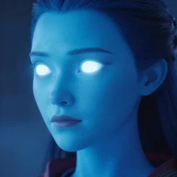 Movie still frame from a super-hero blockbuster showing the glowing blue face of a CGI character. She is a human superhero with ethereal glowing blue skin and solid white glowing eyes. Close-up side profile portrait. Movie still frame. Weta Digital. Animal Logic. Industrial Light & Magic.