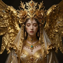 a half body portrait render of a fallen angel veiled with symmetry intricate detailed,dramatic headdress with intricate fractals of flowers,tassels,by Daveed Benito and Lawrence Alma-Tadema and Billelis and Enchanted doll and aaron horkey and peter gric,trending on pinterest,hyperreal,jewelry,gold,intricate,maximalist,golden ratio,cinematic lighting
