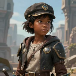 An epic fantasy comic book style portrait painting of a young dark skinned girl with short hair wearing fantasy clothes dressed as a boy and wearing newsboy cap, unreal 5, DAZ, hyperrealistic, octane render, cosplay, RPG portrait, dynamic lighting