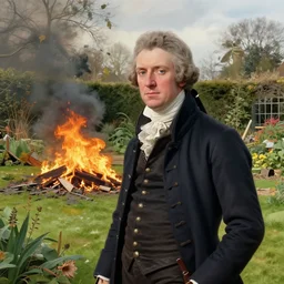 an english garden is in flames. there is destruction. john sell cotman