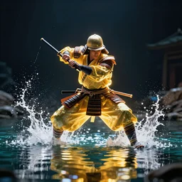 Samurai Ninja warrior in glowing lake, splashing water in action pose, volumetric lighting, cinematic lighting, Anamorphic Lens, Depth of Field, Reflections with Dynamic Lights and Shadows, Vibrant colors, High Contrast, 8k, Artstation, Award Winning, Concept Art