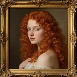 a portrait of a beautiful girl with bright red curly long hair and green eyes, with a pretty baroque frame and a devoted posture, she is facing left but her eyes are looking at the viewer, in the style of lawrence alma - tadema, extremely detailed, golden ratio, 8 k