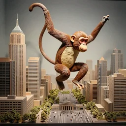 “a huge diorama of a monkey jumping on a city, photorealistic paper Mache ”