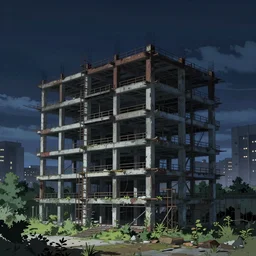 a beautiful detailed anime illustration of unfinished building industrial architecture architecture bungalow urbex nature city by john william casilear, anime nightsky at night myst, archdaily, wallpaper, highly detailed, trending on artstation.