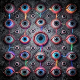 wall, made out of eyes, flat, neon, RGB, glowing wires everywhere, pristine, by Edgar Maxence and Ross Tran, Zdzisław Beksiński, and Michael Whelan, gustav dore, H.R. Giger, 8k, octane render