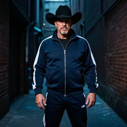 Good ol' JR Jim Ross, wearing a tracksuit, standing in a dark alleyway, wearing a black cowboy hat, cyberpunk