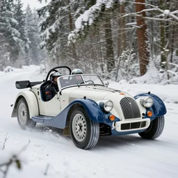 a 2 0 1 0 morgan aero supersports, racing through a rally stage in a snowy forest
