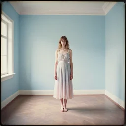 beautiful girl in an empty room, daguerreotype by segantini, by Edward hopper, art noveau, highly detailed, strong lights, liminal, eerie, Bright pastel colors,
