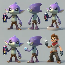 character design sheets for a mantaray character who sells spray paint cans and has a sculpting gig on the side, designed by splatoon nintendo, inspired by tim shafer psychonauts 2 by double fine, cgi, professional design, gaming