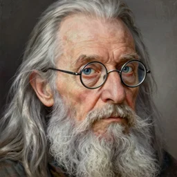 face portrait of a thin very old wizard with long silver hair and beard and light blue eyes, small half - moon glasses and a long crooked nose, highly detailed, painting