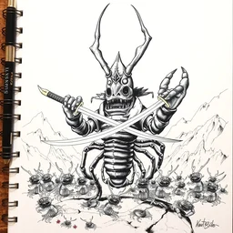 a scary lobster with human face with a dual katana ready to conquer the world with his army of tiny lobster, mountains, cinematic shot, black and white ink on paper, hyper detailed, handmade