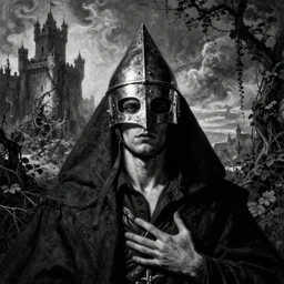 pyramidhead punishment, lean man, metal helmet, distant landscape covered in vines, castle, black and white, carravaggio, giger, beksinski, bruegel, horror
