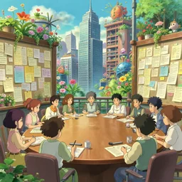 a wholesome animation key shot of a conference room full of notes like a board room in skyscraper by studio ghibli, nicoletta ceccoli, mark ryden, lostfish, max fleischer, detailed and intricate environment, bloom, 8 k resolution, hyperrealistic, octane render, vivid colors, bright, cheerful, detailed and intricate environment
