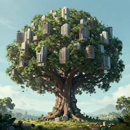 a huge mammouttree is a cybercity with houses in all branches