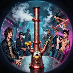Big Muzzy smoking bong scene, Moebius, Greg Rutkowski, Zabrocki, Karlkka, Jayison Devadas, Phuoc Quan, Sadamoto Yoshiyuki, trending on Artstation, 8K, ultra wide angle, zenith view, cyberpunk pincushion lens effect