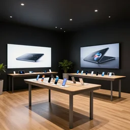 copic art, lofi aesthetic. serious grounded balanced muted flagship samsung store, black walls. timber floor. low ceilings with spots. curved furniture, with large digital screen. display tables with phones and tablets, pots with plants, large digital screens on the walls