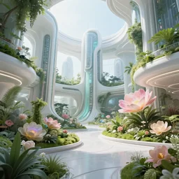 biophilic futuristic cyborg scifi architecture landscape city garden natural beautiful light interior soft cinematic composition, nebula flowers, water, glass walls, metallic, grass, exotic trees, modular buildings, vincent callebaut composition, 8 k, unreal engine, hdr