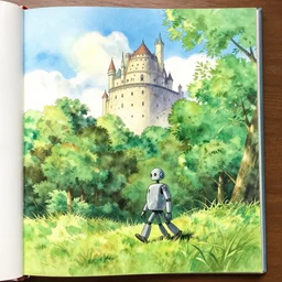 walking castle in the sky robot hayao miyazaki walks in a small clearing among trees, sun, grass, watercolor illustration for a book