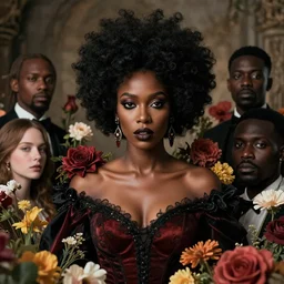 portrait of the afro - american queen of the underworld, surrounded by flowers by karol bak, james jean, tom bagshaw, rococo, sharp focus, trending on artstation, cinematic lighting, hyper realism, octane render, 8 k, hyper detailed.