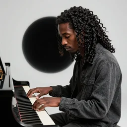 A black man with long curly hair playing the piano, black hole on the background, highly detailed, digital concept art, sharp focus, Golden Ratio illustration, realistic