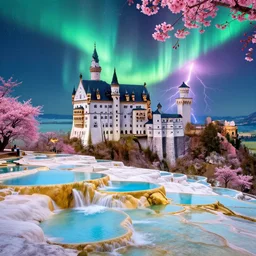 neuschwanstein castle on pamukkale thermal waters flowing down gold travertine terraces in royal blue antelope canyon during sakura season on an interstellar aurora borealis with heavy thunder and lightning, pink and pink waterfalls, pink unique flowers, by peter mohrbacher, james jean, james gilleard, greg rutkowski, vincent di fate, rule of thirds, octane render, beautiful landscape