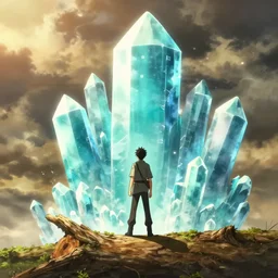 isekai masterpiece anime man standing tree log looking up at colossal cyan crystals, high noon, cinematic, very warm colors, intense shadows, ominous clouds, anime illustration, anime screenshot composite background