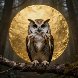 a mystical owl!! standing in branch a forest! large gold metallic foil circle in the background, smooth, sharp focus, cinematic lightning, murky dusty deep, smoky eyes, isolated, studio lighting by artgerm yuri shwedoff and tom bagshaw