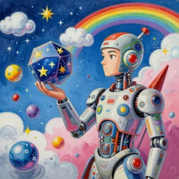 surreal gouache painting, by yoshitaka amano, by ruan jia, by conrad roset, by kilian eng, by good smile company, incredibly detailed, of floating molecules and a mannequin artist holding an icosahedron with stars, clouds, and rainbows in the background, cgsociety, artstation, modular patterned mechanical costume and headpiece, retrowave atmosphere