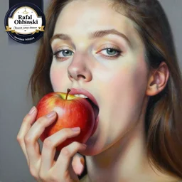 a painting of a woman with an apple in her mouth, an ultrafine detailed painting by rafal olbinski, behance contest winner, pop surrealism, detailed painting, skeuomorphic, airbrush art