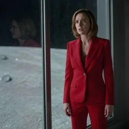 a medium full shot photograph by fred palacio depicting bryce dallas howard in a tailored red suit standing next to a plate glass window with an anxious expression. outside we see the surface of the moon. sci fi, futuristic, cinematic, soft lighting, sci fi, bladerunner, canon eos r 3, f / 3, iso 2 0 0, 1 / 1 6 0 s, 8 k, raw, unedited