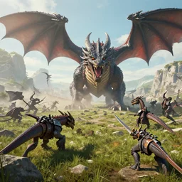 landscape, a realistic atmosphere and realism, after the battle against the dragons, fine art, sharp focus, ten flats, digital art, bright colors, trending on artstation, unreal engine.