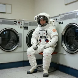 a beautiful photo of an astronaut waiting in a laundromat, 1970', soft light, morning light, photorealistic, realistic, octane, 8k, cinematic shot