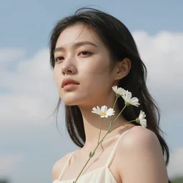close - up fashion asian woman portrait airy flowers sacura cloudy sky art by vrubel
