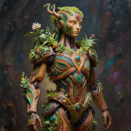 hyper - detailed fine painting of a synthetic humanoid psychedic mystic cyborg hybrid half cybernetic and half made of plants and wood, concept art magical highlight, full color tribal and technologic art