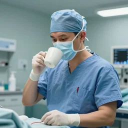 A mouse surgeon wearing scrubs, drinking coffee in a hospital, digital art