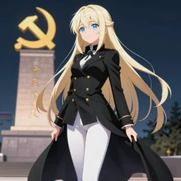 aristocratic platinum - blonde - haired long bob cut blue - eyed princess wearing white leggings and black jacket, standing next to communist monument, anime, hd anime wallpaper, hyperrealistic lighting, drawn by artgerm