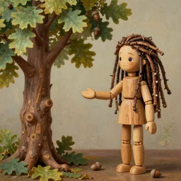cinematic portrait of a beautiful female jointed handmade wooden art doll, made of wood, dreadlocks with twigs and branches, reaching out to each other, oak trees, oak leaves, acorns, dendritic, ooak, painting by naoto hattori, by fernand khnopff, by raphael, trending on artstation, detailed