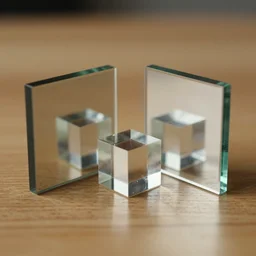 a small glass cube standing between two square mirrors standing parallel to each other refracting each other recursively on a wooden table, macro photo, octane render 8 k