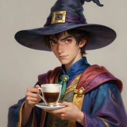 an anthropomorphic beautiful young male scientist portrait holding cup of coffee wearing colourful robe, big eye, wizard hat, fine art, award winning, intricate, elegant, sharp focus, octane render, hyperrealistic, wizard hat cinematic lighting, highly detailed, digital painting, 8 k concept art, art by jamie hewlett and z. w. gu, masterpiece, trending on artstation, 8